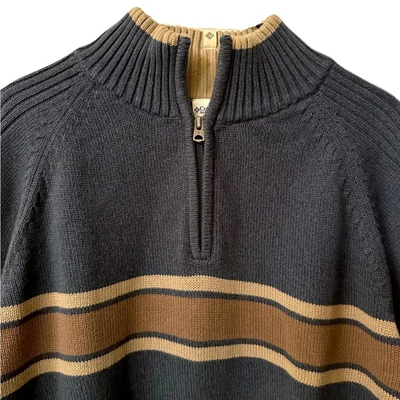 Columbia Mens Size XL Steel Blue & Tan Wide Stripe 1/4 Zip Mock Sweater EUC - Picture 3 of 7